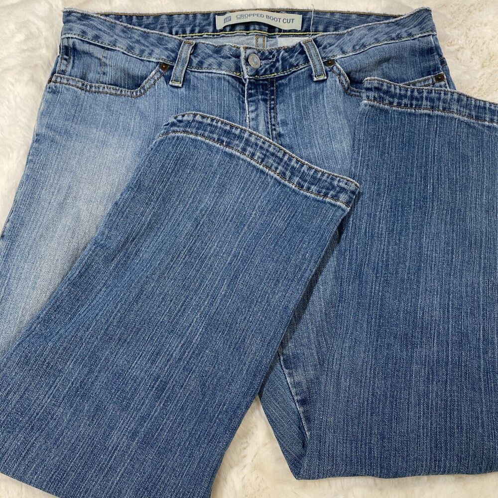 Gap Cropped‎ Boot Cut Stretch Jeans Medium Wash Distressed Tulip Hem Women's 10